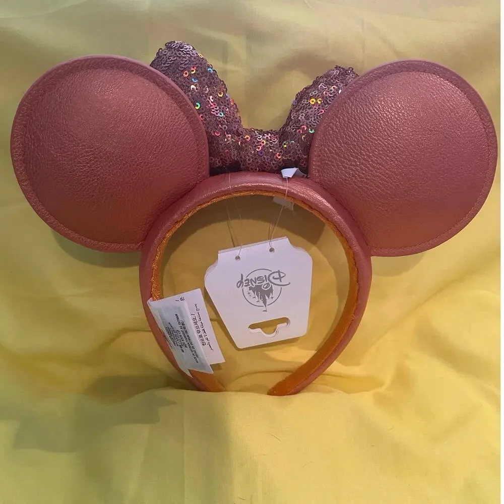 NWT Disney Parks Peach Punch Apricot Sequin Bow Faux Leather Ears Headband